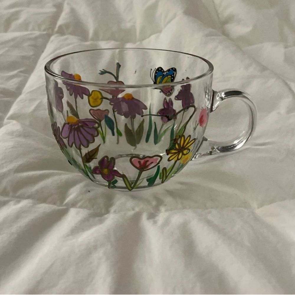 Floral Glass Mug with Butterfly Design
